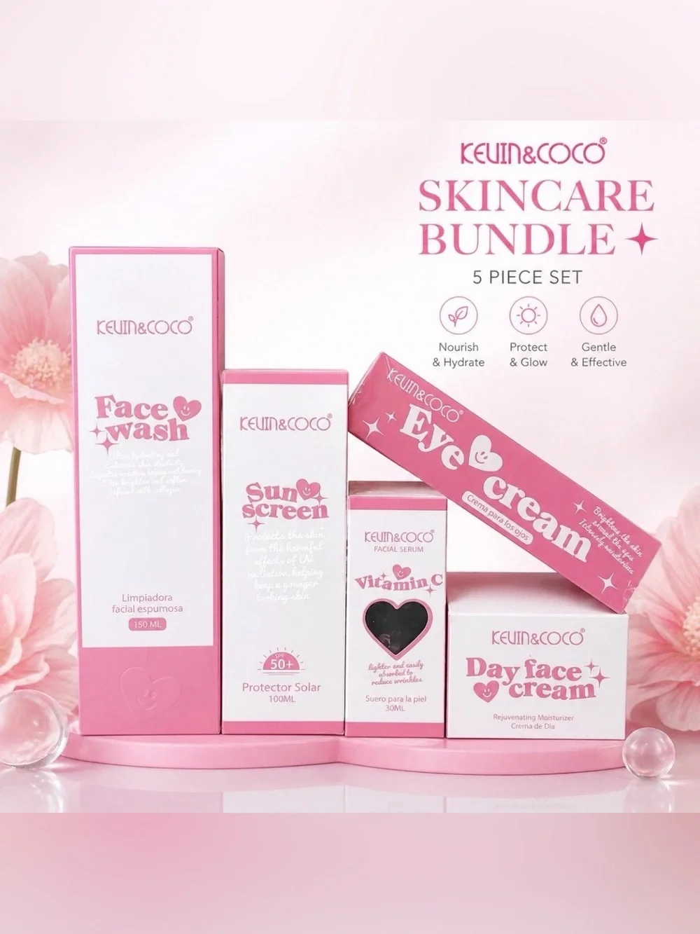 5PCS Skincare Set Kevin & Coco Face Wash Sunscreen Vitamin C Serum Eye Cream New